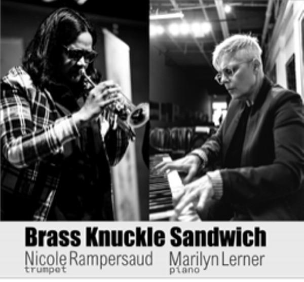 On the left a trumpet player, on the right a piano player. The bottom text reads Brass Knuckle Sandwich