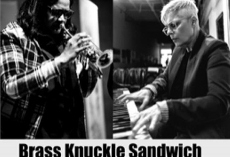 On the left a trumpet player, on the right a piano player. The bottom text reads Brass Knuckle Sandwich